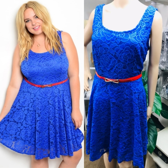 Colbalt Blue Sleeveless Sleeve Floral Lace Overlay - Picture 3 of 4